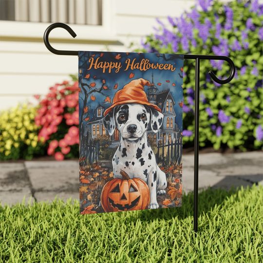 Dalmatian Pup Halloween Garden Flag, Home Welcome Banner, Outdoor Fall Decor,