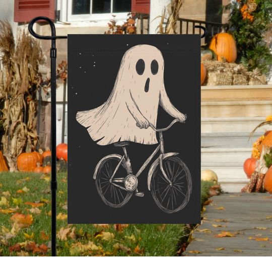 Discover Spooky Cycling Ghost Garden Flag and House Banner: Cyclist Halloween Decoration
