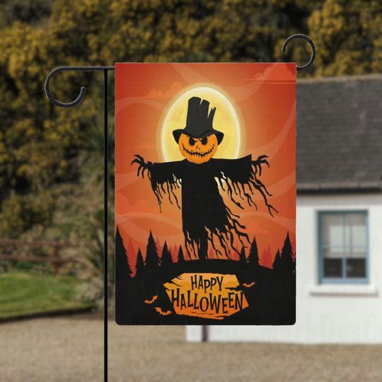 Spooky Pumpkin Scarecrow Design Halloween Garden Flag, Creepy Full Moon