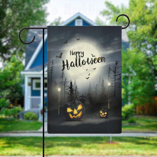 Full Moon and Bats Halloween Garden Flag, Spooky Graveyard & Jack-O-Lantern Design