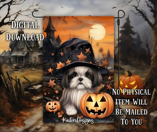 Discover Halloween Dog Puppy and Pumpkins Halloween Garden Flag Sublimation