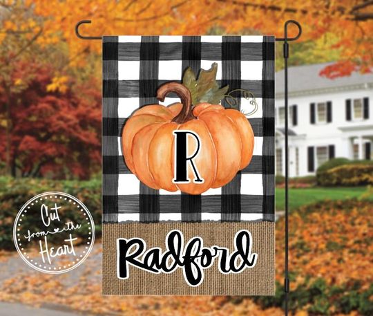 Discover Pumpkin Garden Flag With Black and White Plaid, Custom Garden Flag