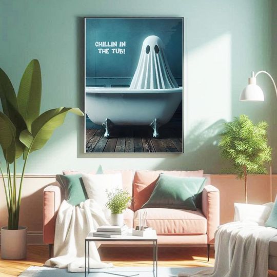 Vintage Halloween Poster, Chillin in the Tub! - Ghost Halloween Art, Spooky Wall Decor