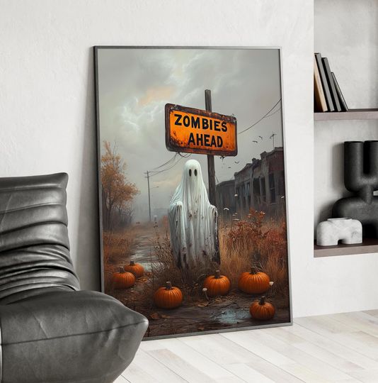 Discover Ghost by ZOMBIES AHEAD Sign with Pumpkins Wall Art Poster or Canvas Print