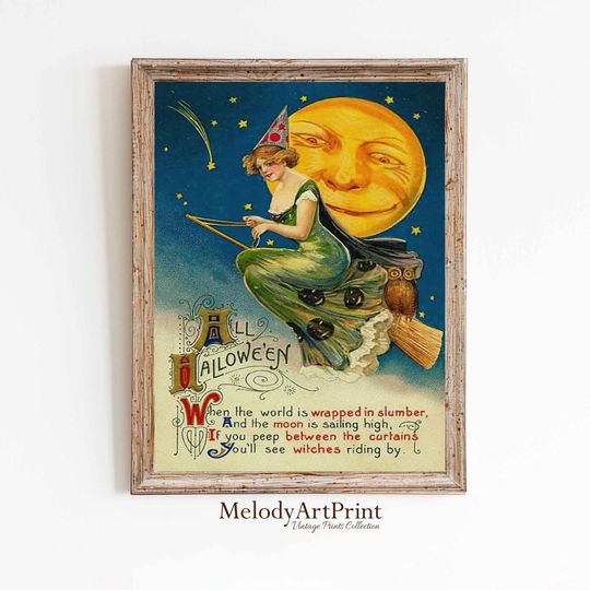 Halloween Witch Pumpkin Moon Owl, Halloween Decor, Vintage Halloween Wall Art