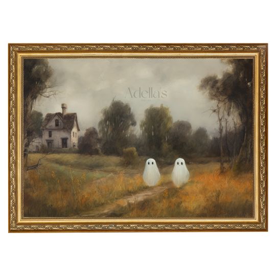 Cute Ghosts in Fall Meadow w/ Haunted House, Vintage Ghost Painting, Dark Academia
