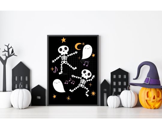 Discover Halloween Print, Kids Room Halloween Wall Art, Dancing Skeletons Poster