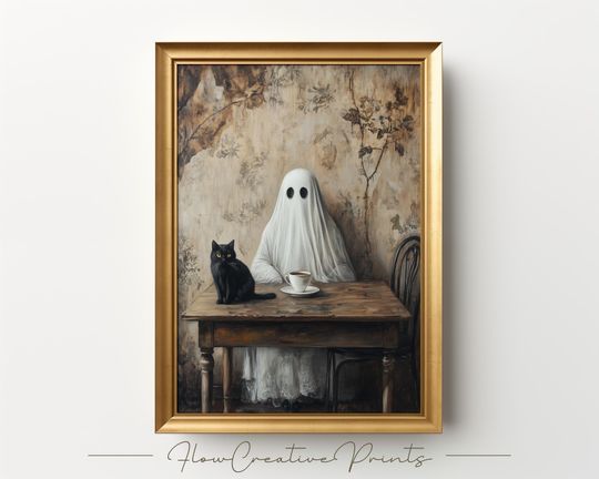 Discover Cute Ghost and Black Cat Enjoying Coffee | Quirky Farmhouse Halloween Decor