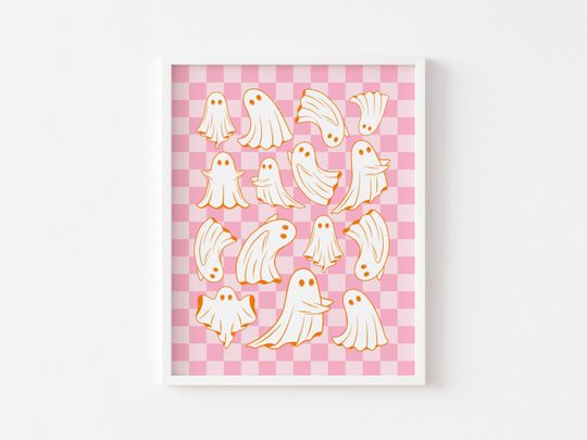 Discover Retro Halloween Print | Cute Ghost Print | Orange Pink Halloween Decor