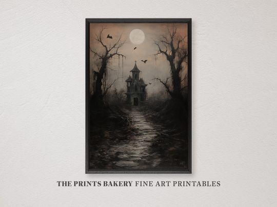PRINTABLE Halloween Vintage Print, Haunted House Wall Art, Dark Academia Print