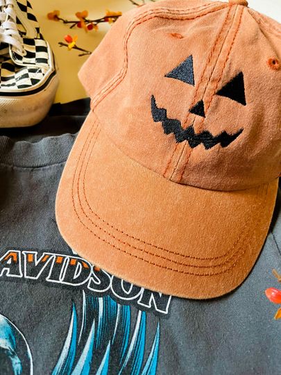 Discover Jack O Lantern Pumpkin Embroidered Baseball Cap | Vintage | Dat Hats