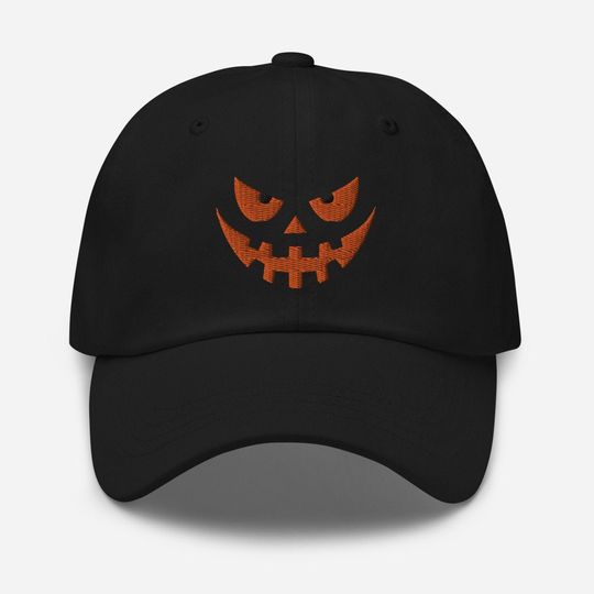 Discover Spooky Jack O Lantern Embroidered Dad Hat, Evil Pumpkin Face Baseball Cap