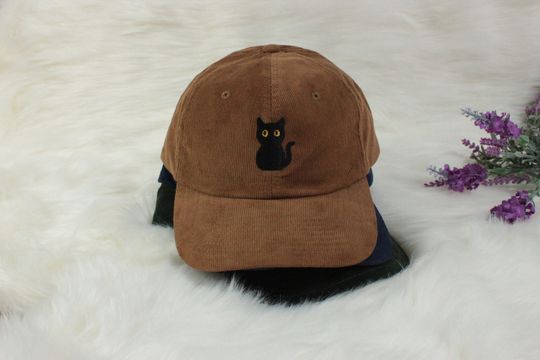 Discover Black Cat Corduroy Premium Cap with Cat Embroidered, Cute Unisex