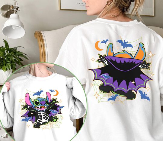 Discover Two-sided Stitch Vampire Skeleton Halloween Shirt Lilo Stitch Halloween Shirt Retro Disneyland Halloween shirt Spooky Season Shirt