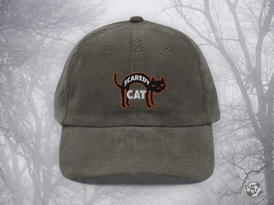 Scaredy Cat Black Cat Corduroy Dad Hat Baseball Cap | Spooky Halloween Hat