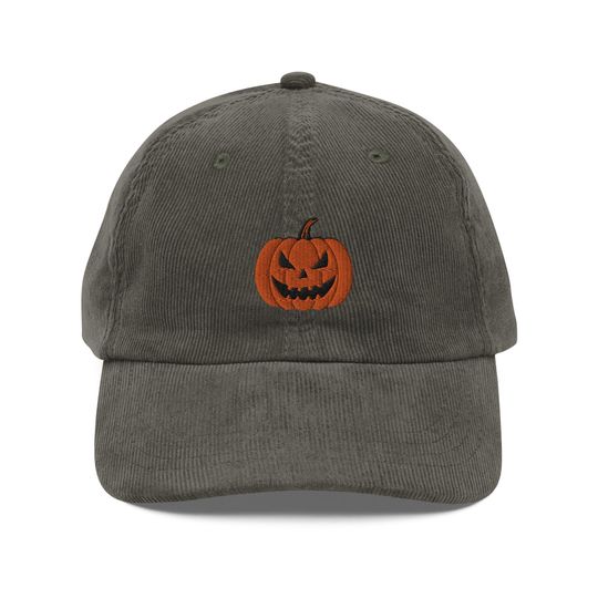 Jack O Lantern Hat, Embroidered Vintage Corduroy Cap, Halloween Hat