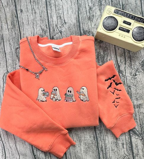 Discover Cute Ghost Reading Book Halloween Embroidered Crewneck Sweater