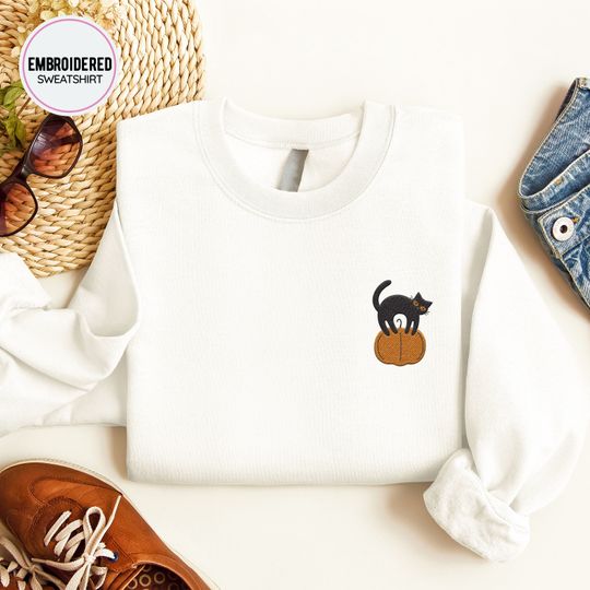 Discover Cat with Pumpkin Embroidered Sweatshirt, Cat Sweatshirt, Halloween Sweatshirt