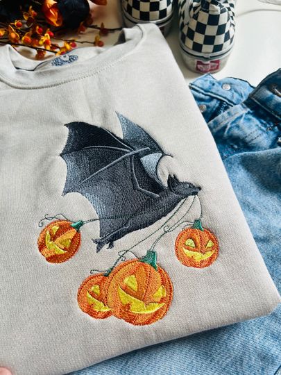Discover Flying Bat and Jack-O-Laterns Embroidered Crewneck | Halloween Sweatshirt