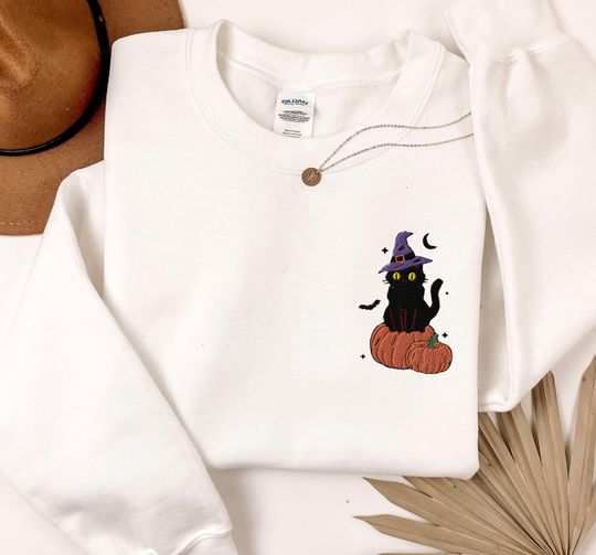 Discover Cute Cat Halloween Embroidered Sweatshirt, Fall Crewneck, Retro Spooky Season Sweater