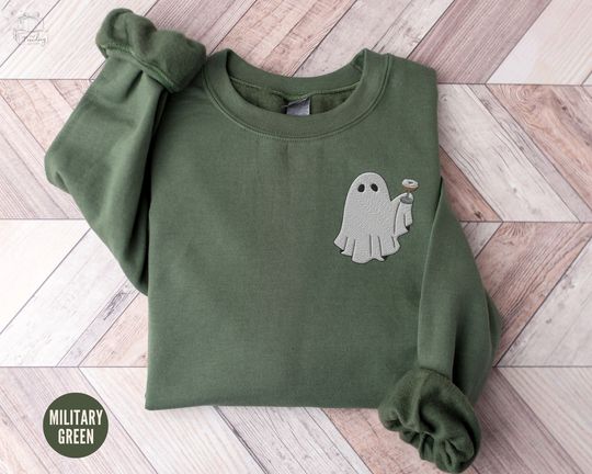 Discover Embroidered Ghost with Martini Sweatshirt, Halloween Coffee Lovers Gift