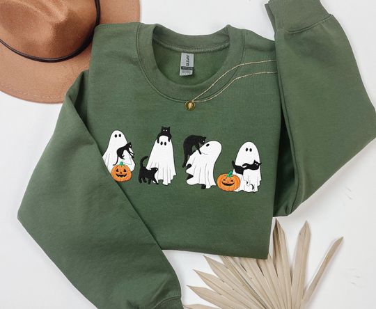 Discover Cute Ghosts & Cats Halloween Sweatshirt EMBROIDERED