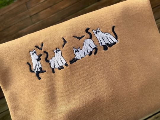 Discover Embroidery Ghost Cats Halloween Sweatshirt, Halloween Ghost Cats Hoodie