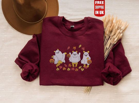 Discover Halloween Pooh Ghost Sweatshirt, Retro Cute Ghost Embroidered Jumper