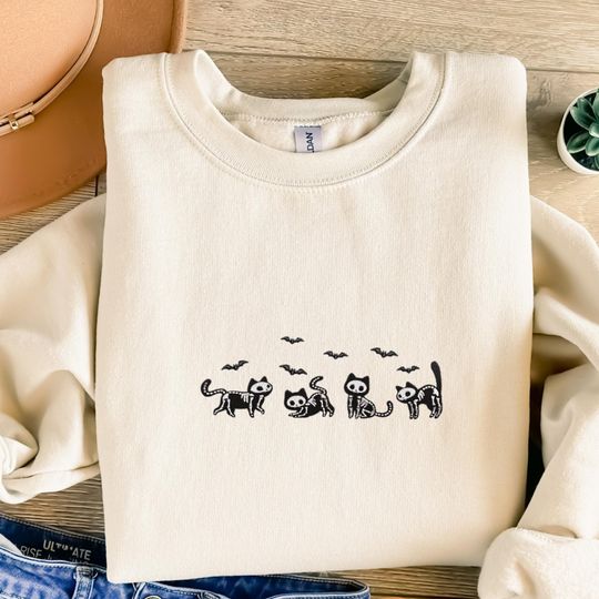 embroidered skeleton black cat sweatshirt, cute cat halloween sweatshirt