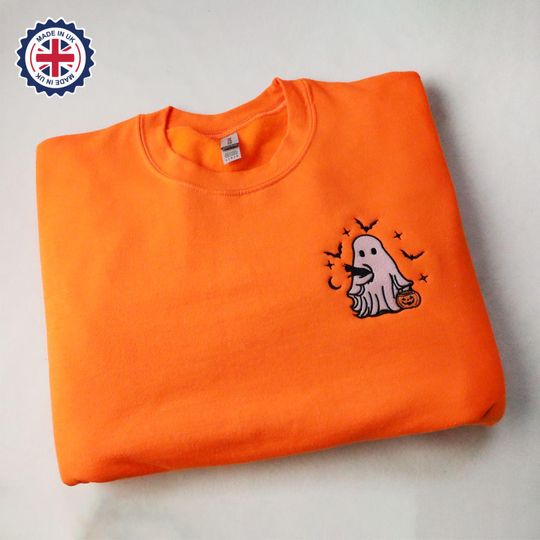 Discover Halloween Cute Ghost Sweatshirt, Embroidered Ghost Holding Cat Sweatshirt