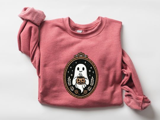 Cute Embroidery Ghost Sweatshirt, Pumpkin Spice Coffee Lover Ghost, Vintage Embroidered