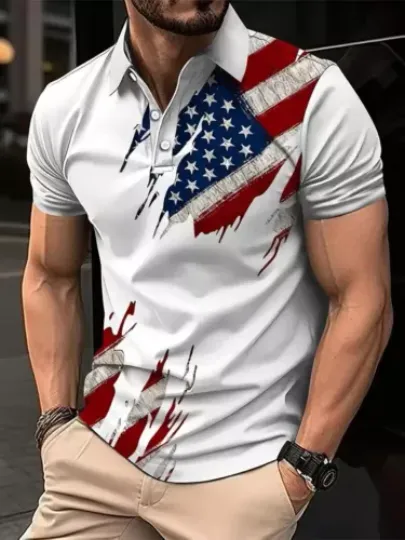 Polo Button Golf Shirt American Flag Star Graphic Print Lapel Tennis Polo