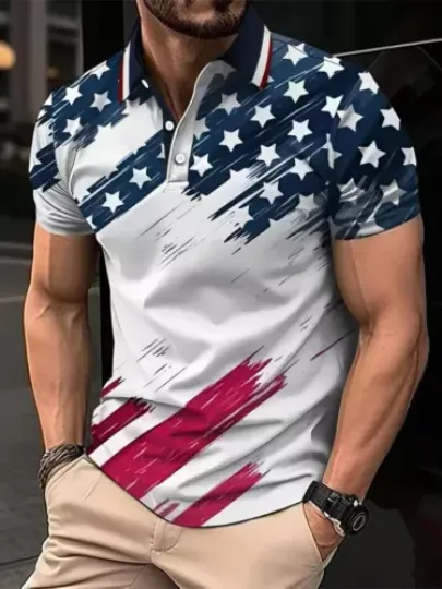 Discover Polo Button Golf Shirt American Flag Star Graphic Print Lapel Tennis Polo