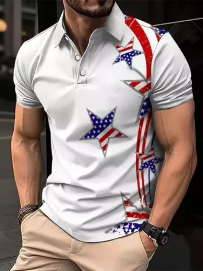 Polo Button Golf Shirt American Flag Star Graphic Print Lapel Tennis Polo