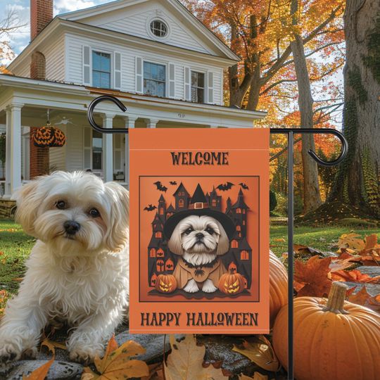 Discover Shih Tzu Halloween Garden Flag, Two-Sided Halloween Flag for White Shih Tzu Owner