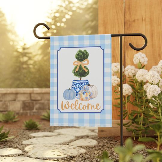 Discover Preppy Fall Pumpkin Gingham Garden Banner, Blue Chinoiserie Topiary