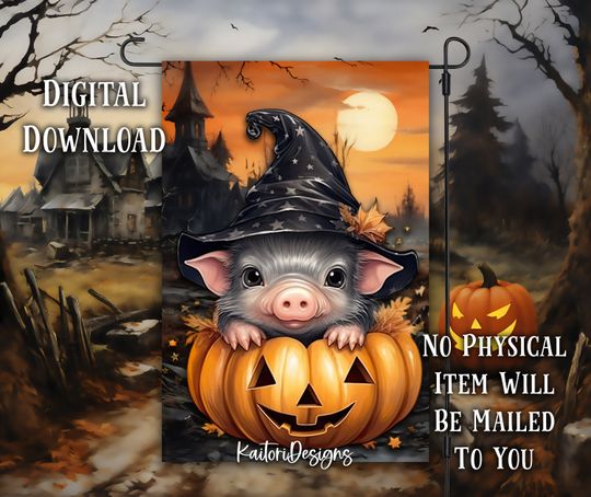 Discover Pig in Pumpkin Halloween Garden Flag Sublimation Design Template- Digital Download