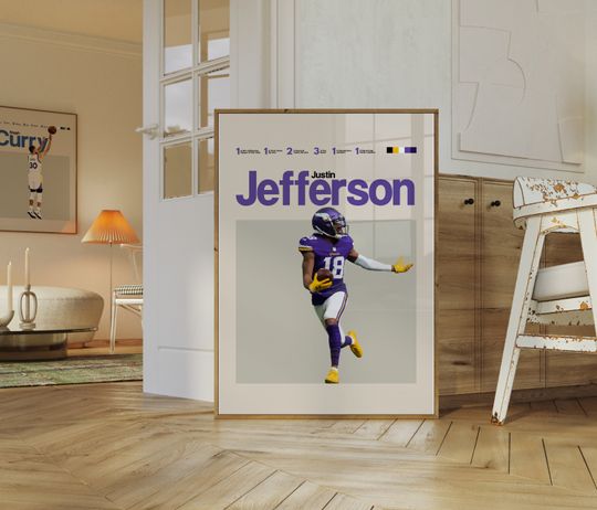 Justin Jefferson Poster, Minnesota Vikings football Poster, Minimalist, Helvetica, Mid-Century Modern, Football Bedroom Decor, football Gift