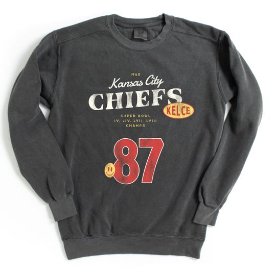 Kansas City Chiefs Travis Kelce Retro Crewneck Comfort Colors Sweatshirt in Pepper and Crimson, football Fan Gear