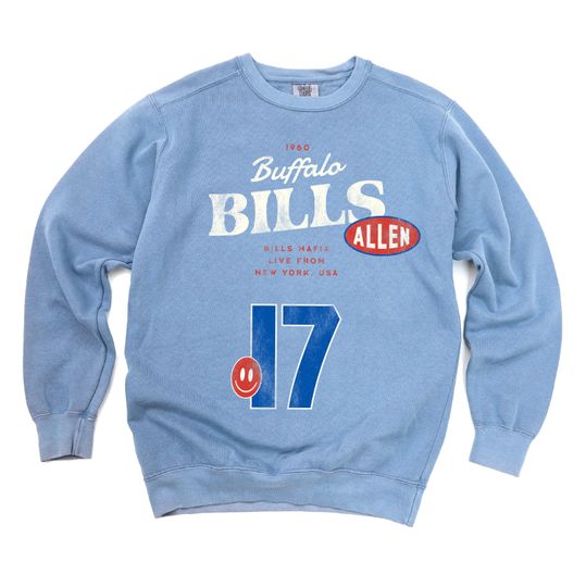 Buffalo Bills Josh Allen Retro Crewneck Comfort Colors Sweatshirt in Pepper and Blue Jean, football Fan Gear