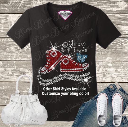 Chucks and Pearls RHINESTONE Mega Bling Shirt, Steppin into My Birthday, High Top Runner Bling, Diva Bling Shirt, Baller Galla Bling Shirt
