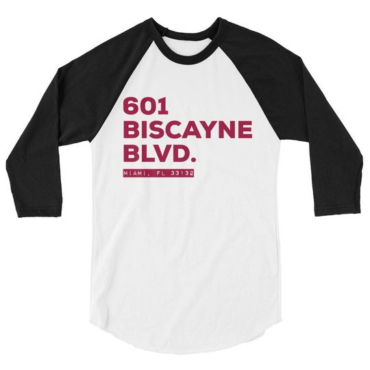601 Biscayne Blvd 3/4 Sleeve Raglan Shirt | Neon Tropical Florida Beach | Retro Vintage Hipster Art Deco Mens Womens Miami Heat Tee