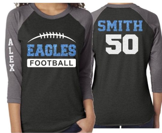 Glitter Football Shirt | Football Shirts | Football Bling | 3/4 Sleeve Raglan | Customize Colors