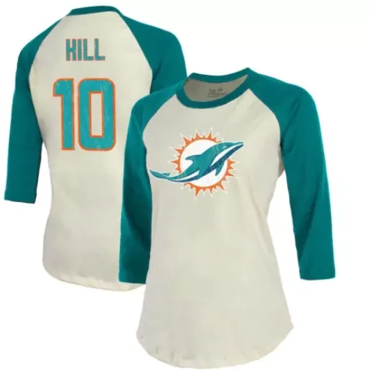 Tyreek Hill Miami Dolphins  Majestic Threads Women's  Raglan 3/4 Sleeve T-Shirt