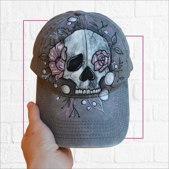 Hand Painted Skull Baseball Hat, skull and roses sketch, trucker hat skull and flowers