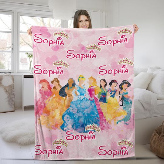 Personalized Watercolor Disney Princess Blanket, Custom Name Baby Blanket, Disney Princess Birthday Girl, WDW Disneyland Gift