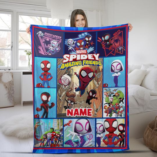 Personalized Spidey And His Amazing Friends Blanket, Custom Name Spiderman Birthday Blanket, Cartoon Spidey Baby Blanket