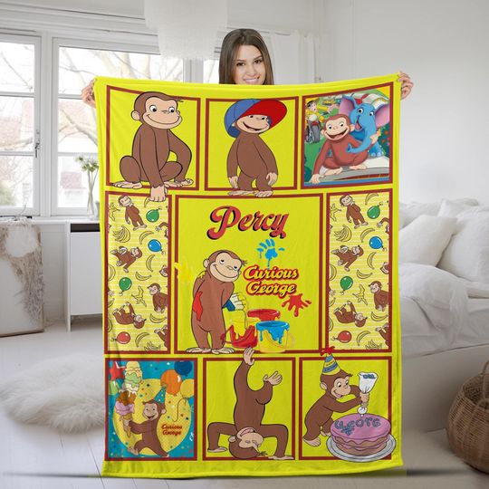 Custom Curious George Blanket Curious George Fleece Blanket, Curious George Birthday Gifts, Cartoon Birthday Blanket
