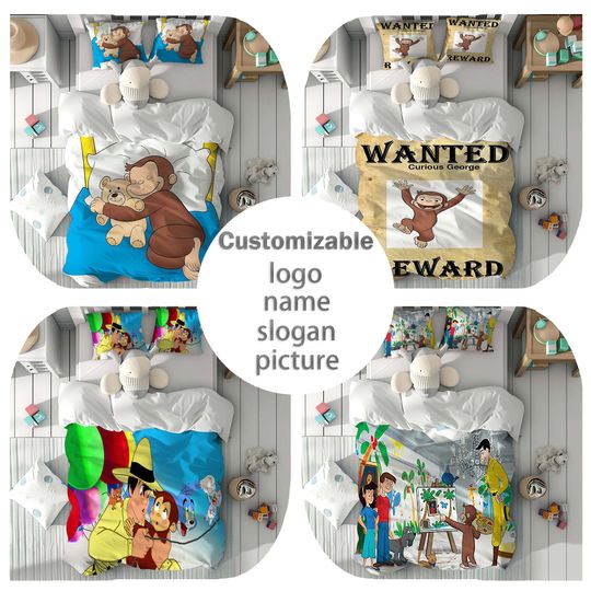 Personalized Name Curious George Duvet Cover Set Children Room Quilt cover Bedding Set Pillowcase Home Decor Comfortable Gift for Friends.