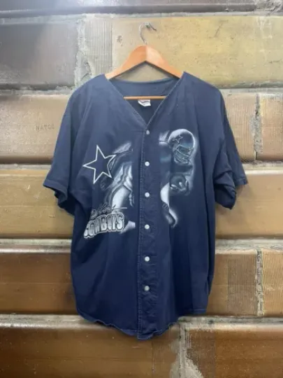 Vintage 1996 Dallas Cowboys football Button  Baseball Style Blue Jersey Men’s